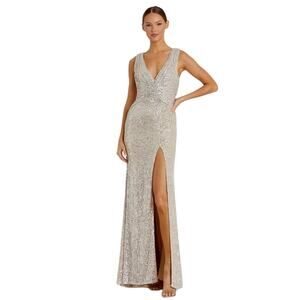 MAC DUGGAL Dress Size 2 Evening Gown Sequin NEW Cream V Neck Wrap